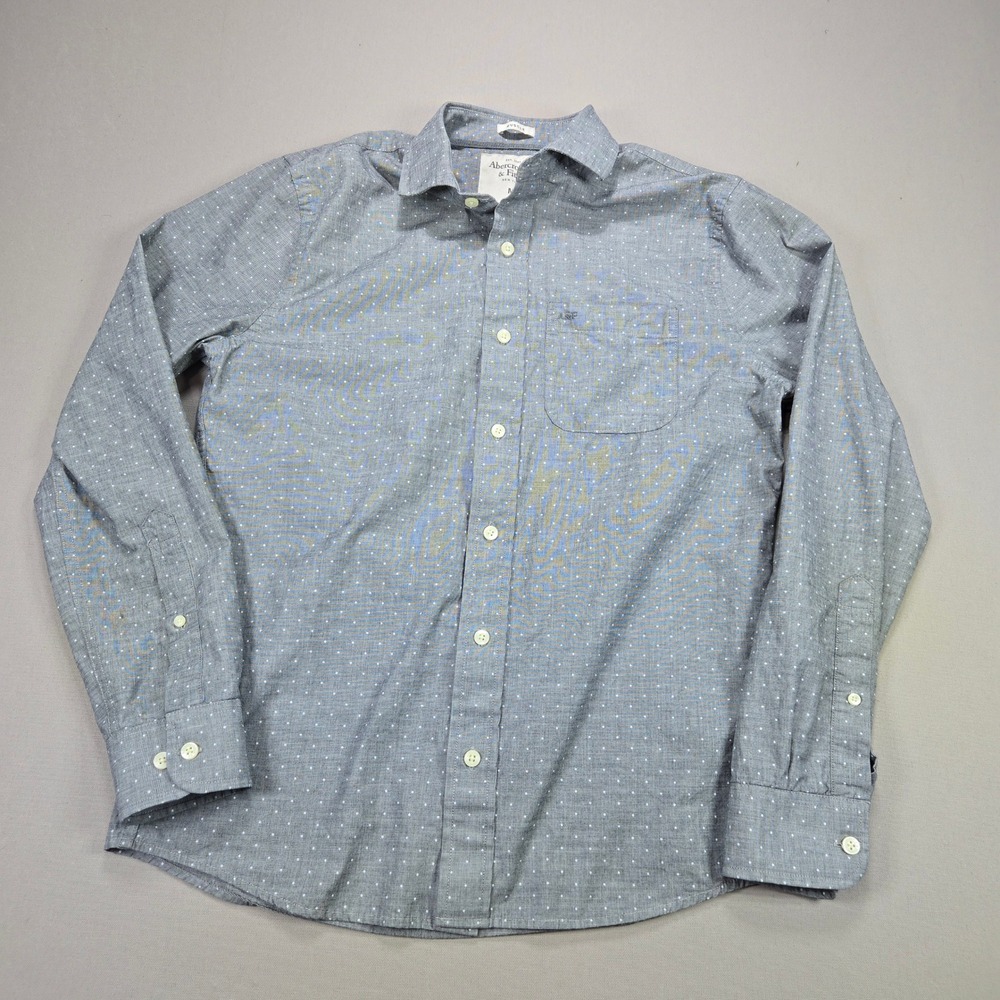 Abercrombie & Fitch A&F Logo Button Down Mens Muscle Fit Polka Dot Grey White‎ M